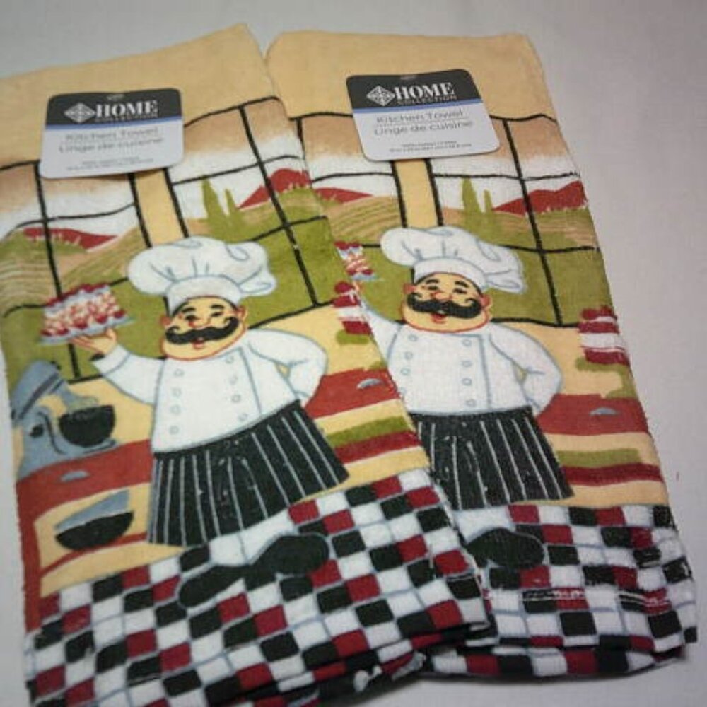 LOT 2 NEW HOME COLLECTION KITCHEN HAND TOWELS FAT ITALIAN CHEF DESIGN 15X25" 🔥